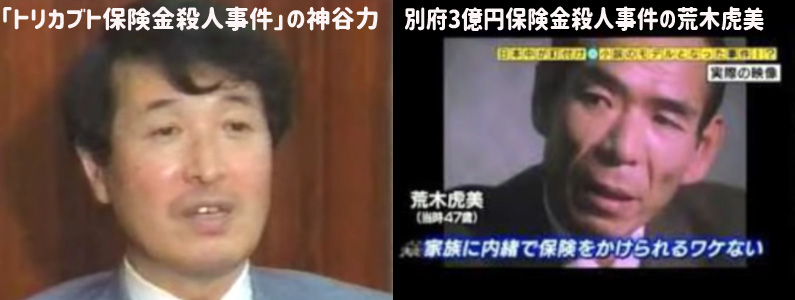 「トリカブト保険金殺人事件」の神谷力、 別府3億円保険金殺人事件の荒木虎美
