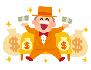 お金を沢山持っている、金色のスーツを着たお金持ちの男性